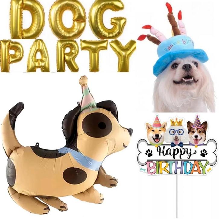 Dog party set met ballonnen, verjaardagshoed en taarttopper, Dieren en Toebehoren, Honden-accessoires, Nieuw, Verzenden