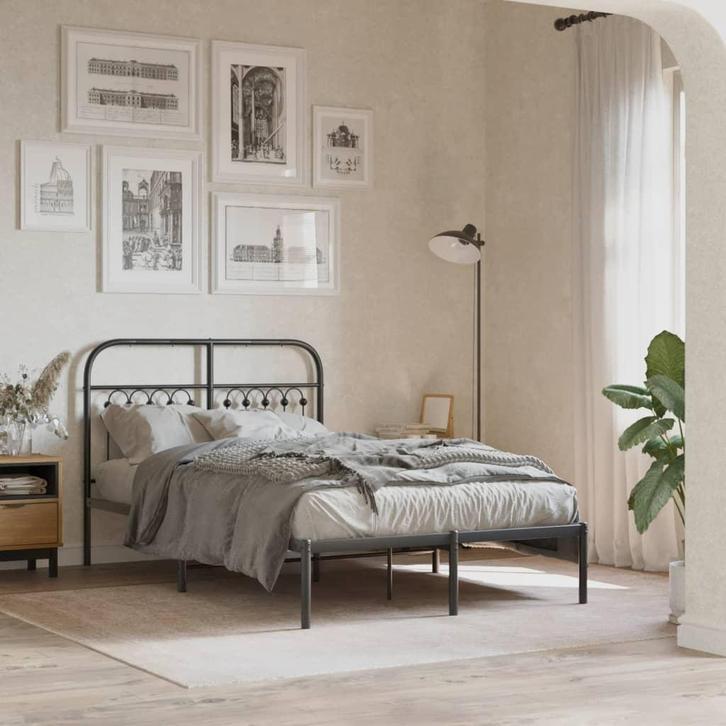 vidaXL Bedframe met hoofdbord metaal zwart 120x190 cm, Huis en Inrichting, Slaapkamer | Bedden, 120 cm, 190 cm of minder, Zwart