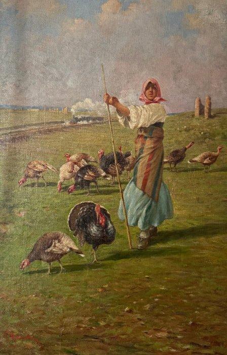 Rafael Senet y Pérez (1856-1926) - La guardiana dei tacchini, Antiek en Kunst, Kunst | Schilderijen | Klassiek