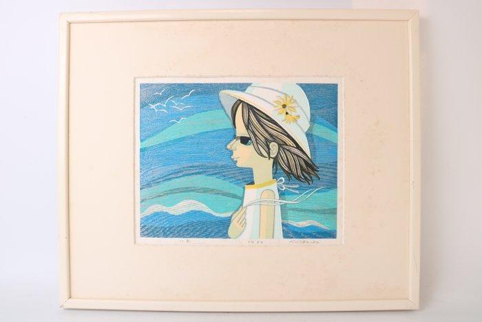 Augustus – Japanse houtsnede met een meisje aan zee - Papier, Antiek en Kunst, Antiek | Overige Antiek