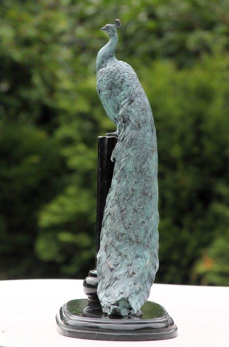 sculptuur, indrukwekkend bronzen pauw op marmer kunstwerk -, Antiek en Kunst, Kunst | Designobjecten