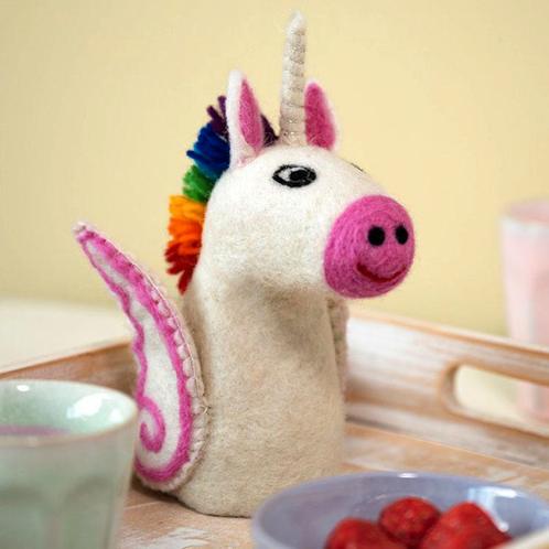 Wolvilt Eenhoorn - Wit&Multicolor - Kleine Handpop/Eiwarmer, Kinderen en Baby's, Kinderkamer | Inrichting en Decoratie, Nieuw
