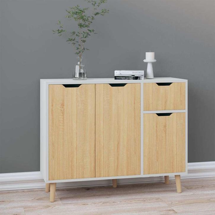 vidaXL Dressoir 90x30x72 cm bewerkt hout wit en sonoma, Huis en Inrichting, Kasten | Dressoirs, 25 tot 50 cm, Nieuw, 50 tot 100 cm