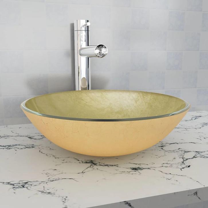 vidaXL Wasbak gehard glas 42 cm goud, Doe-het-zelf en Verbouw, Sanitair, Nieuw, Verzenden