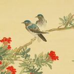 Two Mountain Birds Perched on Red Flowering Tree with
