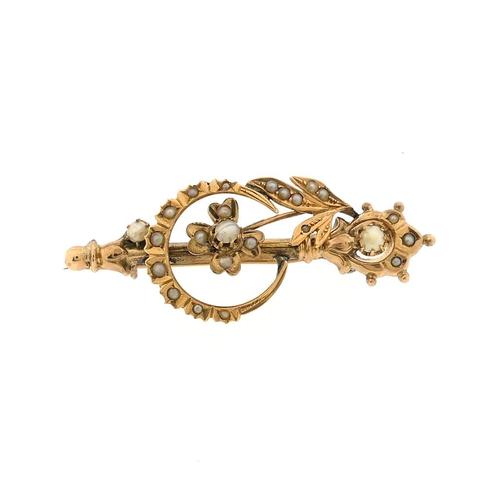 Vintage gouden broche met parels (gouden sieraden, geelgoud), Sieraden, Tassen en Uiterlijk, Broches, Overige kleuren, Gebruikt