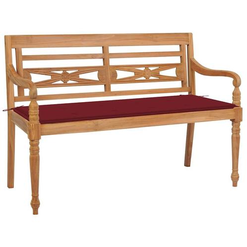vidaXL Bank Batavia met wijnrood kussen 120 cm massief, Tuin en Terras, Tuinbanken, Nieuw, Teakhout, Verzenden