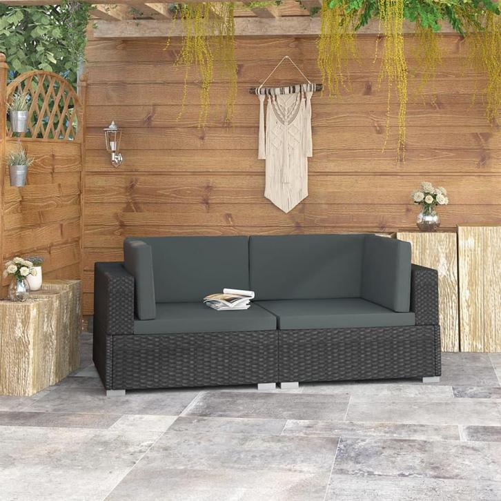 vidaXL Hoekbanken 2 st met kussens poly rattan zwart, Tuin en Terras, Tuinsets en Loungesets, Nieuw, Rotan, Verzenden