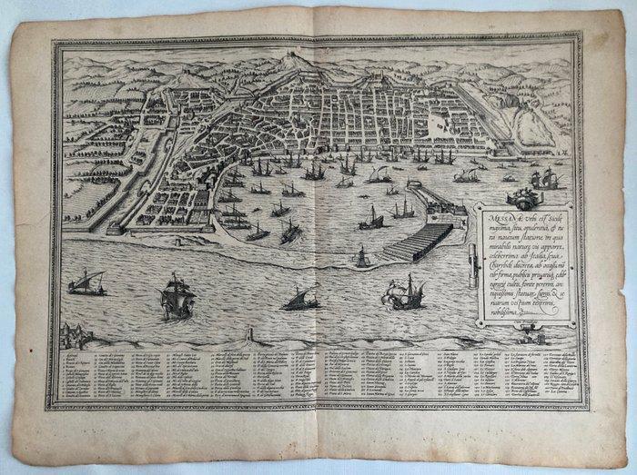 Italië - Messina; Georg Braun & Frans Hogenberg - Messana,, Boeken, Atlassen en Landkaarten