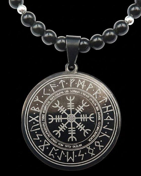 Collier Viking Vegvisir en Obsidian: gids- en, Antiek en Kunst, Antiek | Boeken en Bijbels