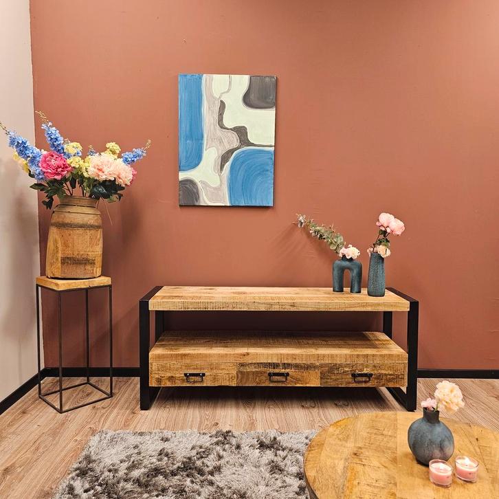 Britt Tv-Meubel Mangohout | 150cm |, Huis en Inrichting, Kasten | Televisiemeubels, 25 tot 50 cm, Nieuw, Overige houtsoorten, Metaal