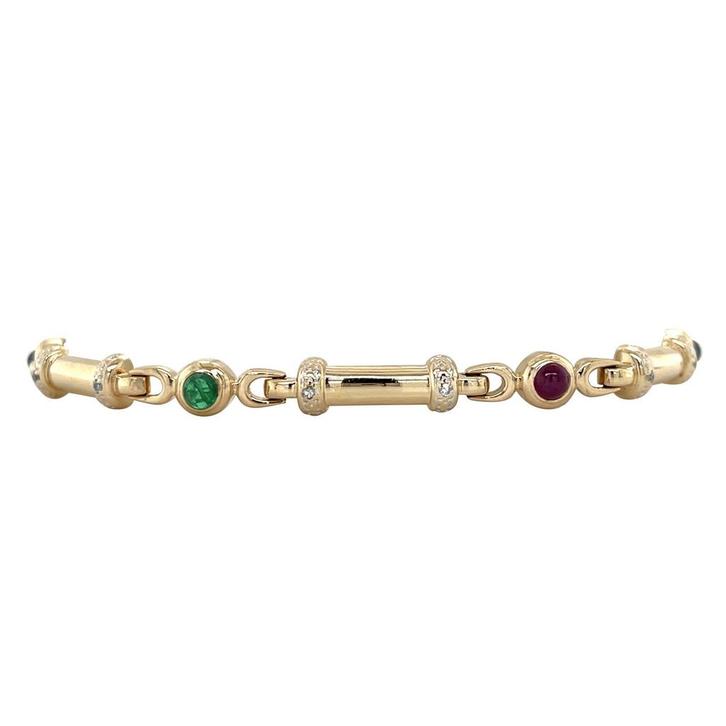 Gouden vintage armband met robijn, saffier, smaragd en, Sieraden, Tassen en Uiterlijk, Armbanden, Nieuw, Ophalen of Verzenden