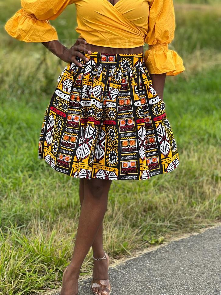 Afrikaanse print mini rok - Gele Bogolan / Mud cloth - S, Kleding | Dames, Rokken, Nieuw, Ophalen of Verzenden