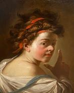 Scuola francese (XVIII) - Ritratto di ragazza con nastro, Antiek en Kunst, Kunst | Schilderijen | Klassiek