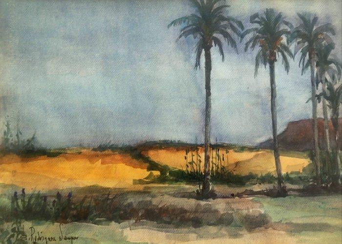 Eduardo Rodríguez Samper (1922-2018) - Paisaje con palmeras, Antiek en Kunst, Kunst | Schilderijen | Klassiek