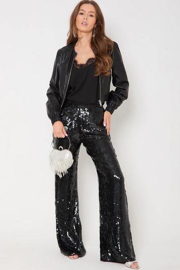 Black Sequin Wide Leg Trousers - S beschikbaar voor biedingen