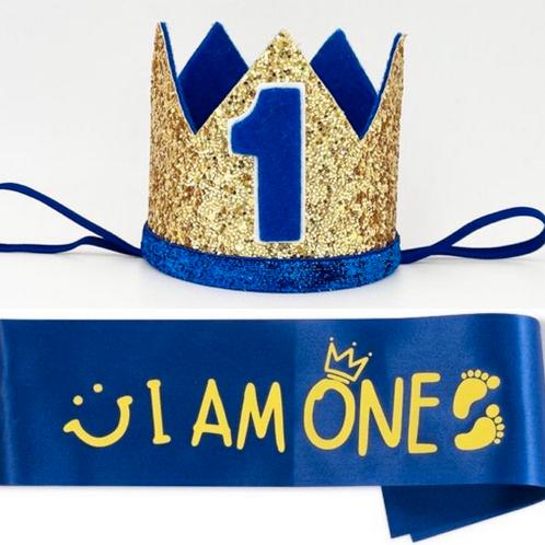 2-delige eerste verjaardag set blauw met goud sjerp en hoed, Hobby en Vrije tijd, Feestartikelen, Verjaardag, Feestartikel, Nieuw