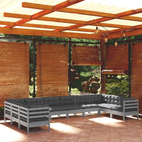 vidaXL 10-delige Loungeset met kussens grenenhout grijs, Tuin en Terras, Tuinsets en Loungesets, Loungeset, Nieuw, Meer dan 8 zitplaatsen