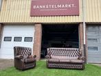 Bankstel Springvale Chesterfield Woburn  bank +fauteuil leer, Design, Zo goed als nieuw, Rechte bank, Leer