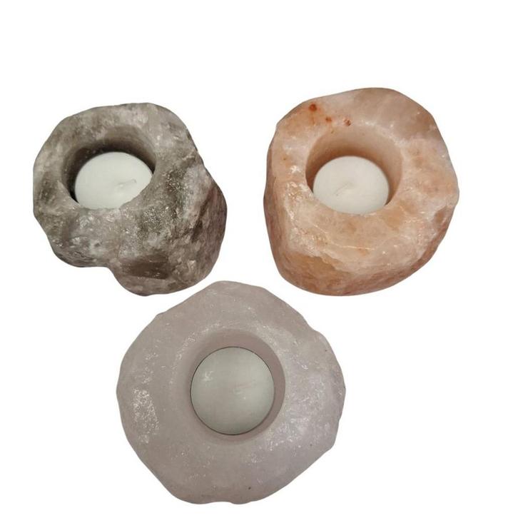 Himalaya zout theelichthouders set van 3 kleuren (oranje,..., Antiek en Kunst, Antiek | Glas en Kristal, Ophalen of Verzenden