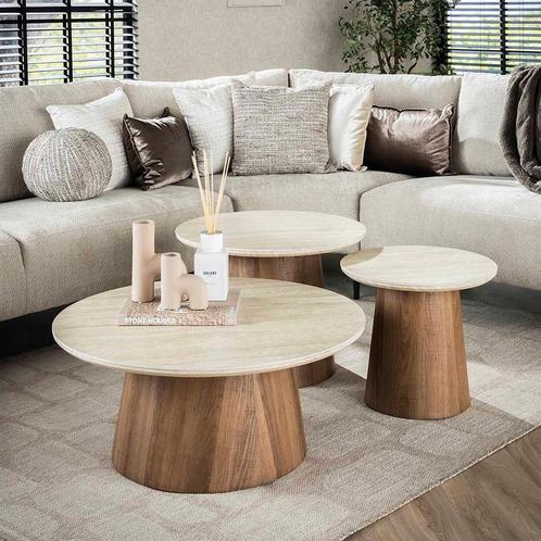 *WOONWINKEL* Ronde Salontafelset Hout En Travertin, Huis en Inrichting, Tafels | Salontafels, Nieuw, Verzenden