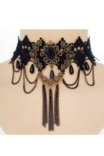 Choker Zwart Kant Kraaltjes Kettinkjes 3 Kanten Zwarte Colla, Kunststof, Verstelbaar, Zwart, Nieuw