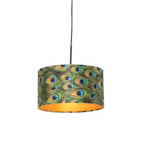 Hanglamp met velours kap pauw met goud 35 cm - Combi, Huis en Inrichting, Lampen | Hanglampen, Nieuw, Overige materialen, 75 cm of meer