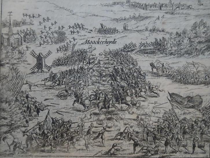 gravure Slag om Mookerheide Mook Limburg Baudartius ca 16122, Antiek en Kunst, Kunst | Etsen en Gravures, Verzenden