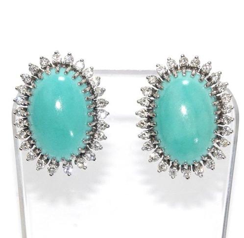 Oorbellen - 18 karaat Witgoud - 15.41ct. tw. Turquoise -, Sieraden, Tassen en Uiterlijk, Oorbellen