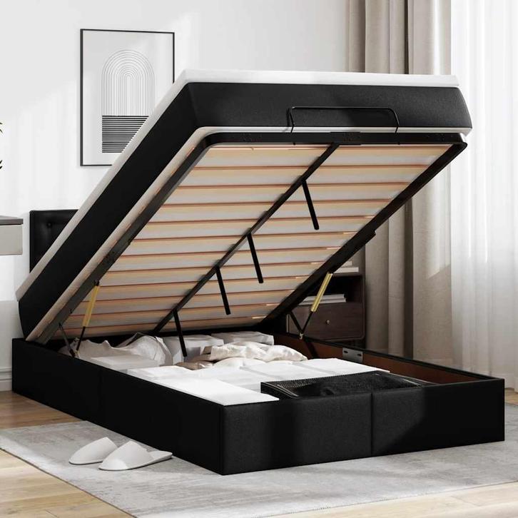 vidaXL Bed poef met matrassen en LEDs 120x190cm kunstleer, Huis en Inrichting, Slaapkamer | Bedden, 120 cm, 190 cm of minder, Zwart
