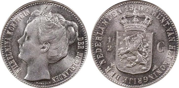 Koningin Wilhelmina halve gulden 1904 MS64 PCGS, Postzegels en Munten, Munten | Nederland, Losse munt, Koningin Wilhelmina, Zilver