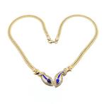 Gouden platte gourmetschakel collier met synth. saffier e..., Ophalen of Verzenden, Gebruikt, Overige kleuren, Goud