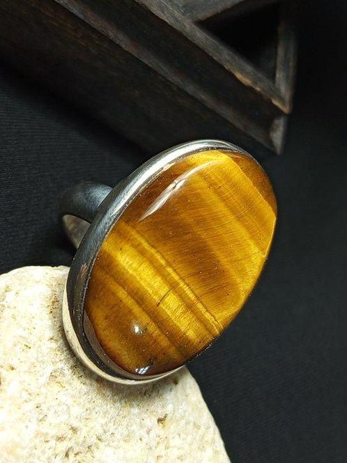 Zilveren ring van 925 met tijgergeluk en topkwaliteit, uniek, Verzamelen, Mineralen en Fossielen