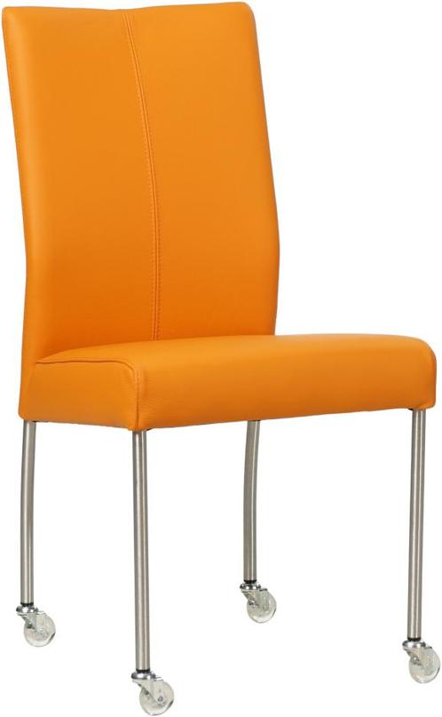 Oranje leren moderne eetkamerstoel - poot rond rvs met wiel, Huis en Inrichting, Stoelen, Eén, Nieuw, Leer, Ophalen of Verzenden