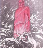 Figuur staat in de branding tijdens storm op spotprent, Antiek en Kunst, Kunst | Litho's en Zeefdrukken, Verzenden