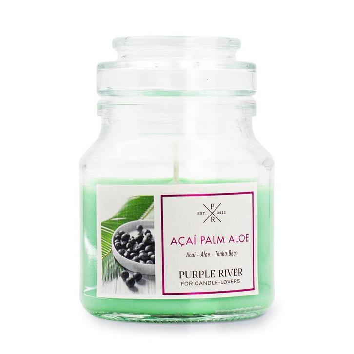 Purple River - Acaï Palm Aloë - kleine soja geurkaars - 113, Huis en Inrichting, Woonaccessoires | Kandelaars en Kaarsen, Verzenden