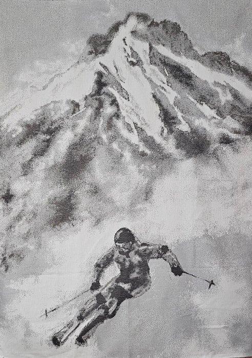 Arazzo in Jacquard van Alpaca Skiër op de berg - 185x140cm, Antiek en Kunst, Antiek | Kleden en Textiel