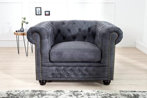 Chesterfield Fauteuil 105cm antiek grijs met knoopstiksels, Huis en Inrichting, Fauteuils, Ophalen of Verzenden