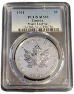 Canada 1 oz Maple Leaf 1991 PCGS MS66 gecertificeerd, Zilver, Losse munt, Verzenden, Noord-Amerika