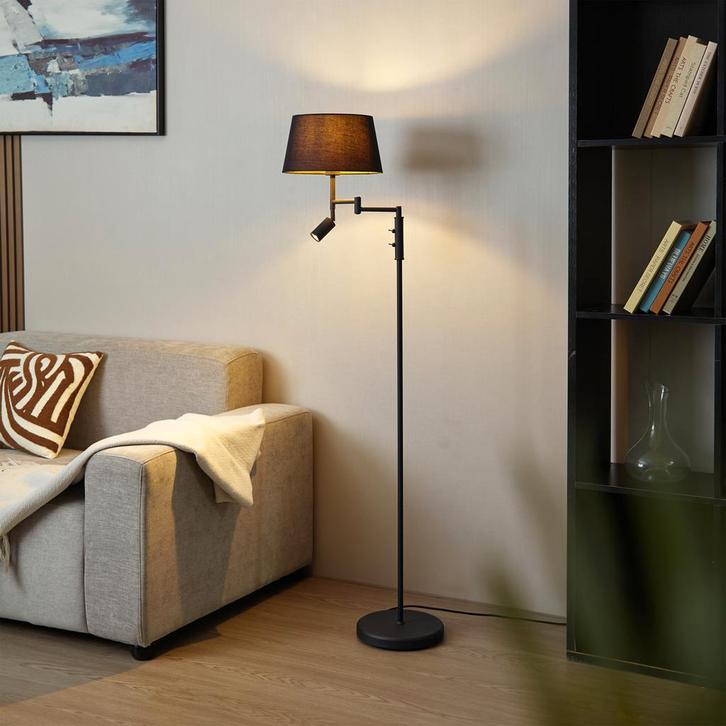 Vloerlamp zwart met zwarte kap en verstelbare leeslamp -, Huis en Inrichting, Lampen | Vloerlampen, Nieuw, Overige materialen
