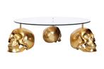 Design salontafel SKULL XXL 90cm goud rond glazen blad, Huis en Inrichting, Ophalen of Verzenden, Nieuw