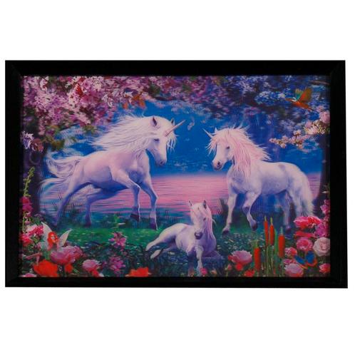 Poster 3D met Lijst - Eenhoorns met Veulen Magisch Bos - 43x, Huis en Inrichting, Woonaccessoires | Schilderijen, Tekeningen en Foto's