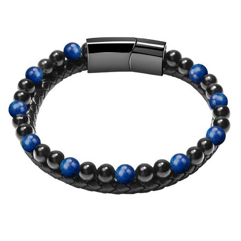 Fako Bijoux® - Leren Natuurstenen Armband Heren - Zwart Leer, Sieraden, Tassen en Uiterlijk, Armbanden, Verzenden
