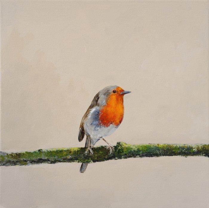 Matthieu van Riel - Robin on a Mossy Branch, Antiek en Kunst, Kunst | Schilderijen | Modern