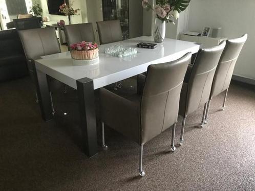 Set van 6 leren eetkamerstoelen - met wieltjes en hoge rug -, Huis en Inrichting, Stoelen, Overige kleuren, Nieuw, Leer, Ophalen of Verzenden