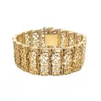 Gouden brede fantasie schakel armband | 19,5 cm, Ophalen of Verzenden, Gebruikt, Overige kleuren, Goud