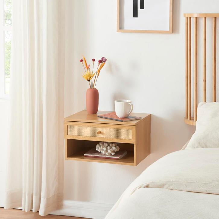 Wandrek Eiker met lade 40x31,5x23 cm eikenkleurig en rotan l, Huis en Inrichting, Woonaccessoires | Wandplanken en Boekenplanken