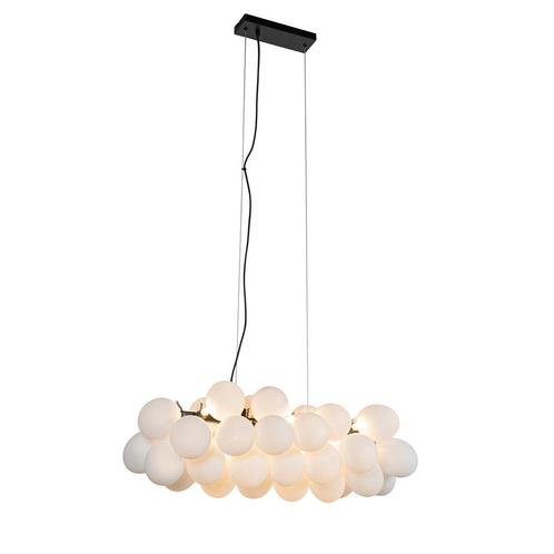 Hanglamp zwart met opaal glas 8-lichts langwerpig - Uvas, Huis en Inrichting, Lampen | Hanglampen, Nieuw, Glas, 75 cm of meer