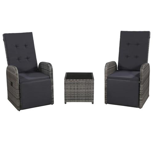 vidaXL 3-delige Bistroset met kussens poly rattan grijs, Tuin en Terras, Tuinsets en Loungesets, Nieuw, 3 zitplaatsen, Rotan, Verzenden