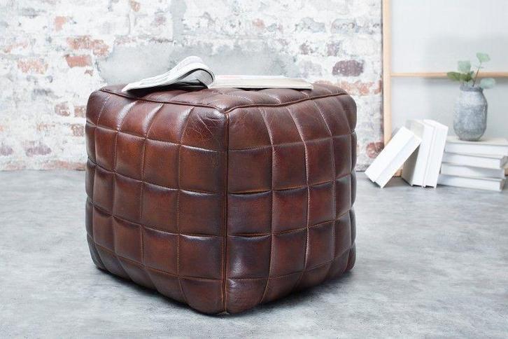 Retro kruk RIDER 40cm bruin echt leer met decoratieve, Huis en Inrichting, Banken | Voetenbanken en Poefen, Ophalen of Verzenden